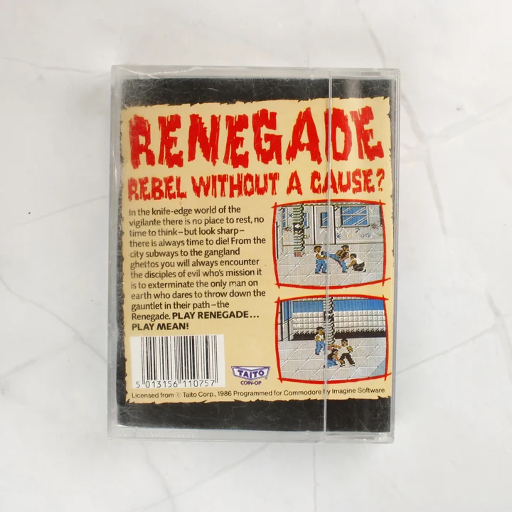 Renegade C64 hátoldal Renegade videójáték tokjának hátoldala leírással és képernyőképekkel