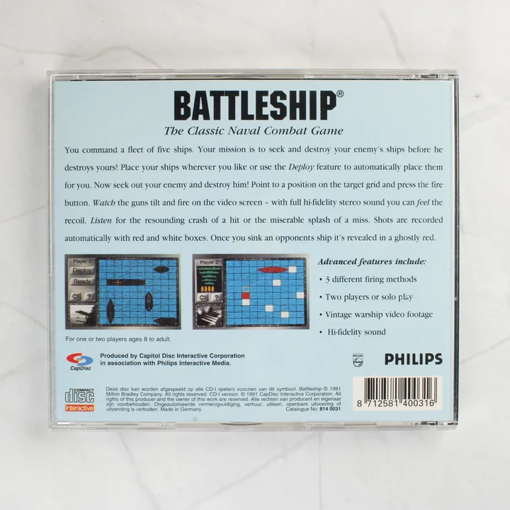 Battleship CD-i játék hátoldali borítója leírással és vonalkóddal
