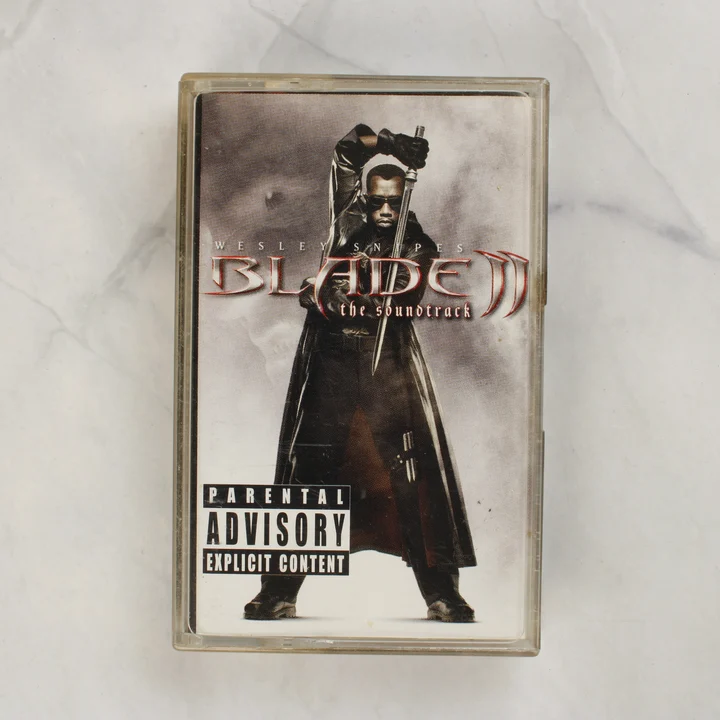 Blade II filmzene magnókazetta előlapja Wesley Snipes képével
