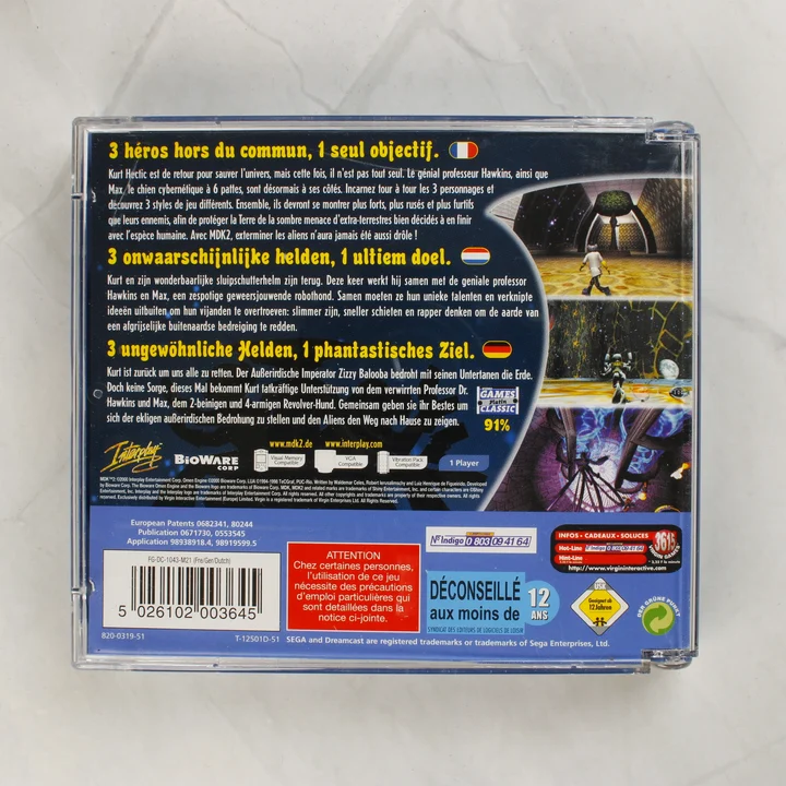 MDK 2 Sega Dreamcast videójáték tokjának hátoldala