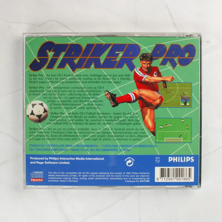 Striker Pro CD-i hátlap Striker Pro Philips CD-i videójáték hátoldali borítója vonalkóddal és leírással