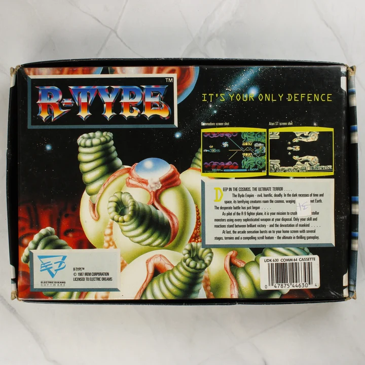 Az R-Type videójáték dobozának hátoldala képernyőmentésekkel és leírással.