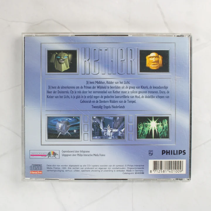 Kether CD-i videójáték hátlapja holland nyelvű leírással
