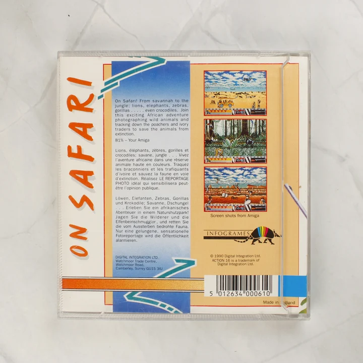 On Safari! Amiga játék hátoldal Az On Safari! Amiga játék tokjának hátoldala leírással és képernyőképekkel.