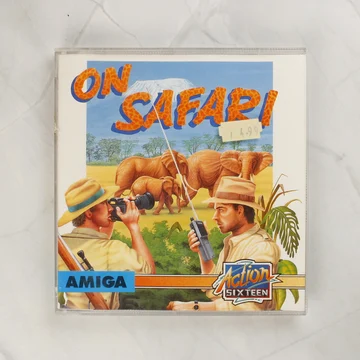 Az On Safari! Amiga játék elülső borítója műanyag tokban.