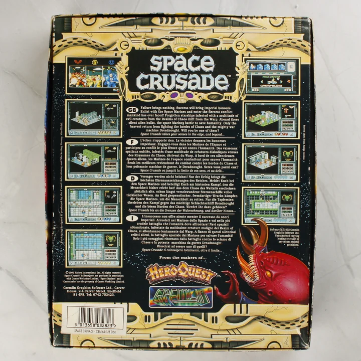 Space Crusade C64 doboz hátulja Space Crusade Commodore 64 játék dobozának hátoldala