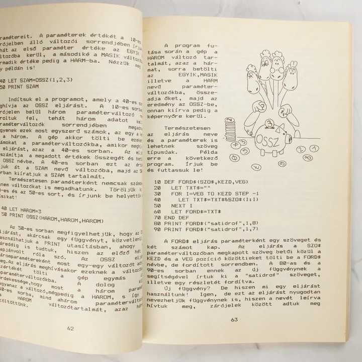 A könyv nyitott oldalai programkóddal és egy malacperselyt ábrázoló sárkányos rajzzal.