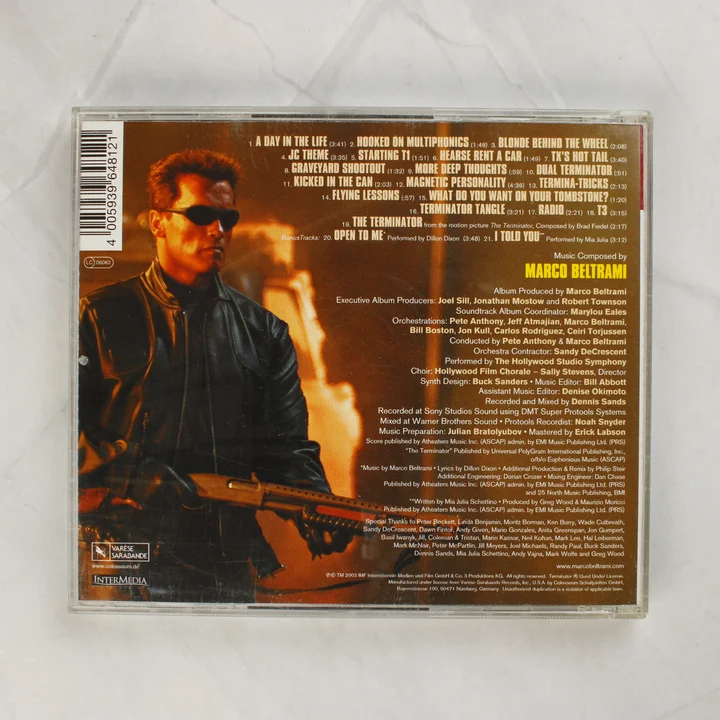 Terminator 3 filmzene CD hátlapja a számlistával