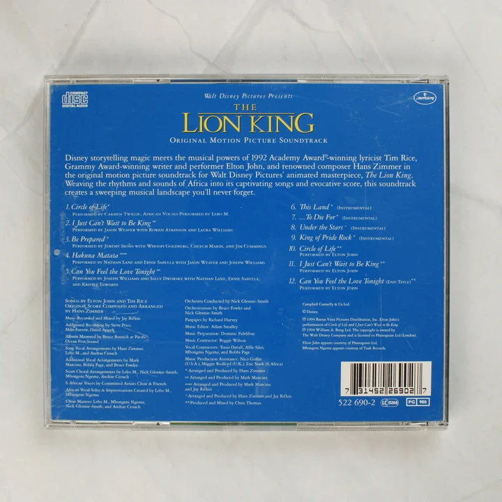 The Lion King CD hátlap Az oroszlánkirály filmzene CD hátlapja a számlistával