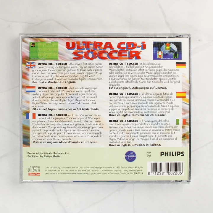Ultra CD-i Soccer videójáték hátoldali borítója többnyelvű leírással