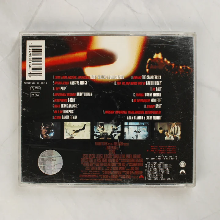 Mission: Impossible filmzene CD hátlapja számlistával