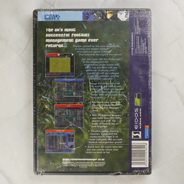 Championship Manager 4 PC játék hátlapja a rendszerkövetelményekkel