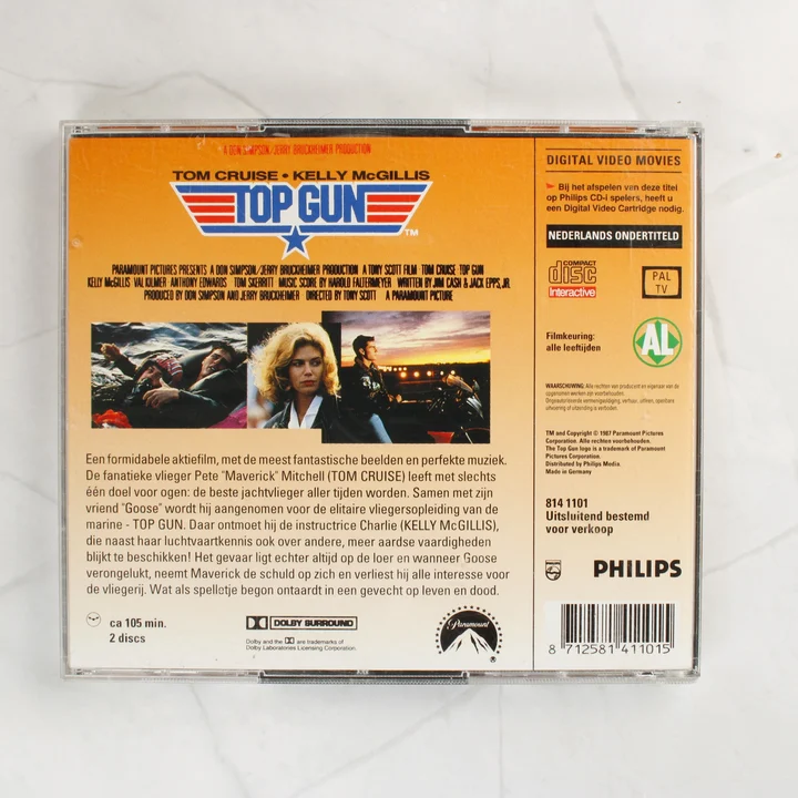 Top Gun CD-i film hátoldali borítója holland nyelvű leírással és vonalkóddal