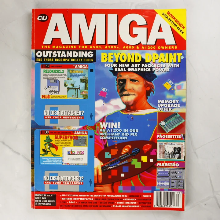 A CU Amiga magazin 1993. márciusi számának színes borítója egy festőművész képével.