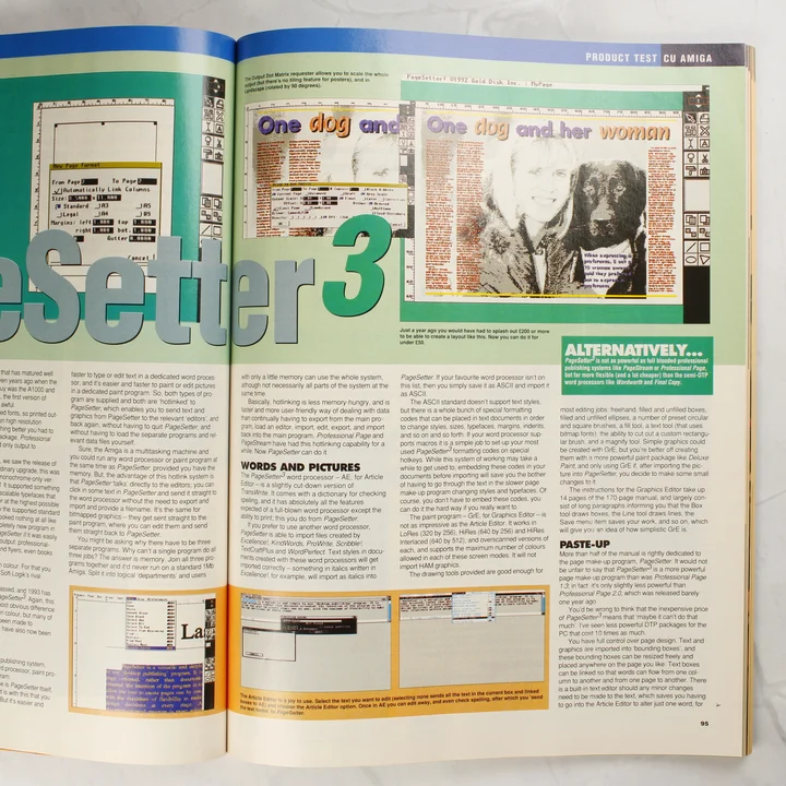 A CU Amiga magazin egyik belső oldalpárja a PageSetter 3 szoftver tesztjével.