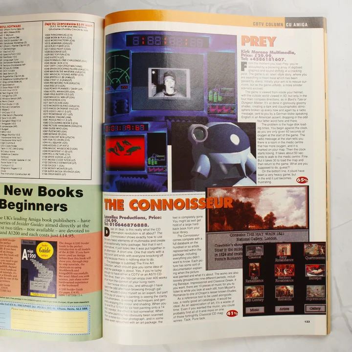 A CU Amiga magazin belső oldala könyvajánlókkal és szoftverismertetőkkel.