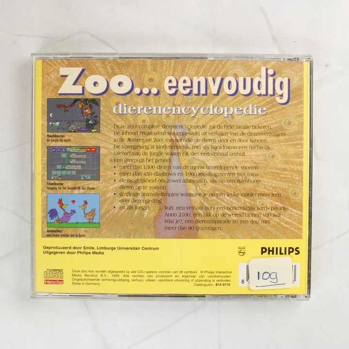 Zoo... eenvoudig dierenencyclopedie CD-i hátlap A Zoo... eenvoudig dierenencyclopedie CD-i szoftver hátlapja a leírással