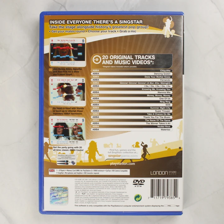 SingStar ABBA PlayStation 2 játék hátlapi borítója a dallistával