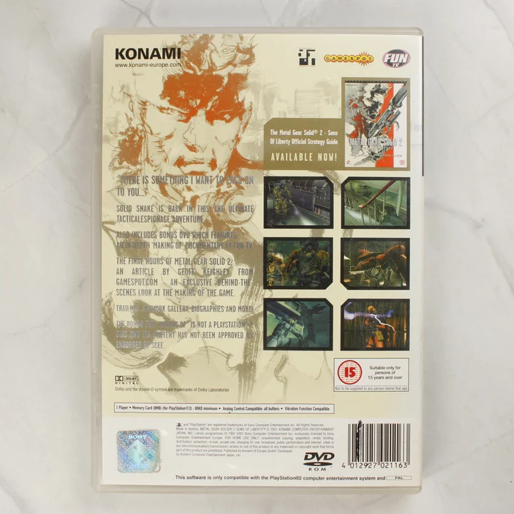 Metal Gear Solid 2 PS2 hátlap Metal Gear Solid 2 Sons of Liberty PlayStation 2 játék hátlapja
