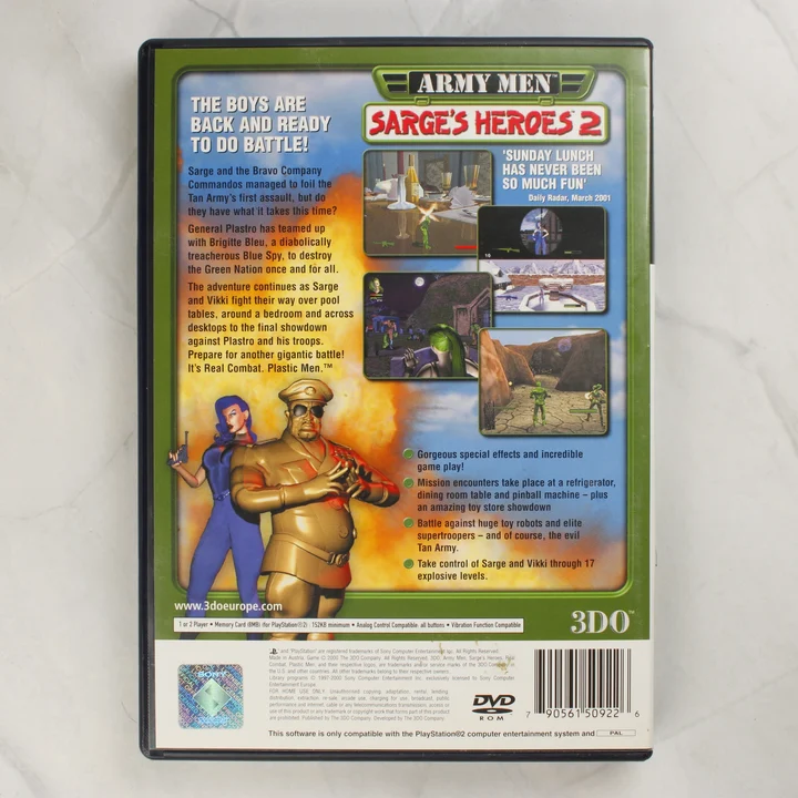 Army Men Sarge's Heroes 2 PS2 hátlap Az Army Men Sarge's Heroes 2 PlayStation 2 játék tokjának hátlapja