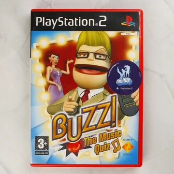 Buzz! The Music Quiz PlayStation 2 játék elülső borítója piros tokban.