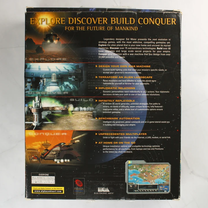 Sid Meier's Alpha Centauri játékdoboz hátoldala leírásokkal