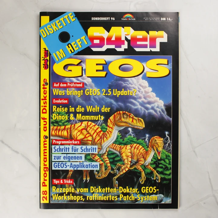 A 64'er Sonderheft 96 magazin színes borítója dinoszauruszokkal és GEOS felirattal.