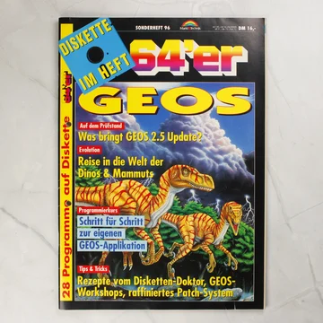 A 64'er Sonderheft 96 magazin színes borítója dinoszauruszokkal és GEOS felirattal.