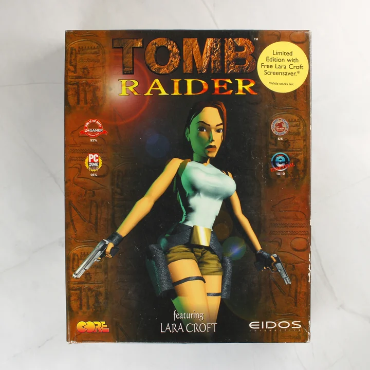 Tomb Raider PC-s videójáték nagy kartondobozának előlapja Lara Croft képével