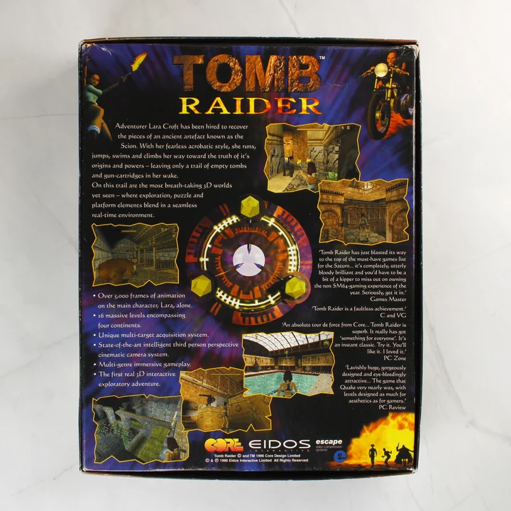 Tomb Raider PC-s videójáték dobozának hátoldala képernyőképekkel és leírással