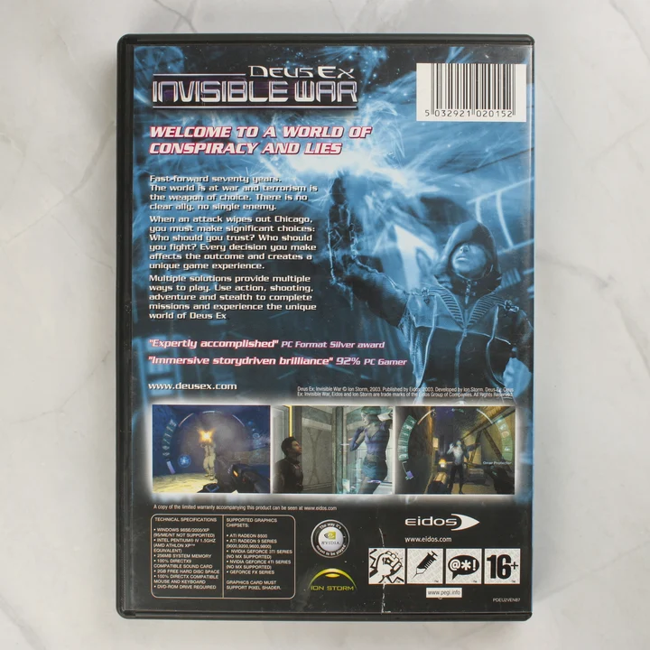 Deus Ex Invisible War PC játék tokjának hátoldala