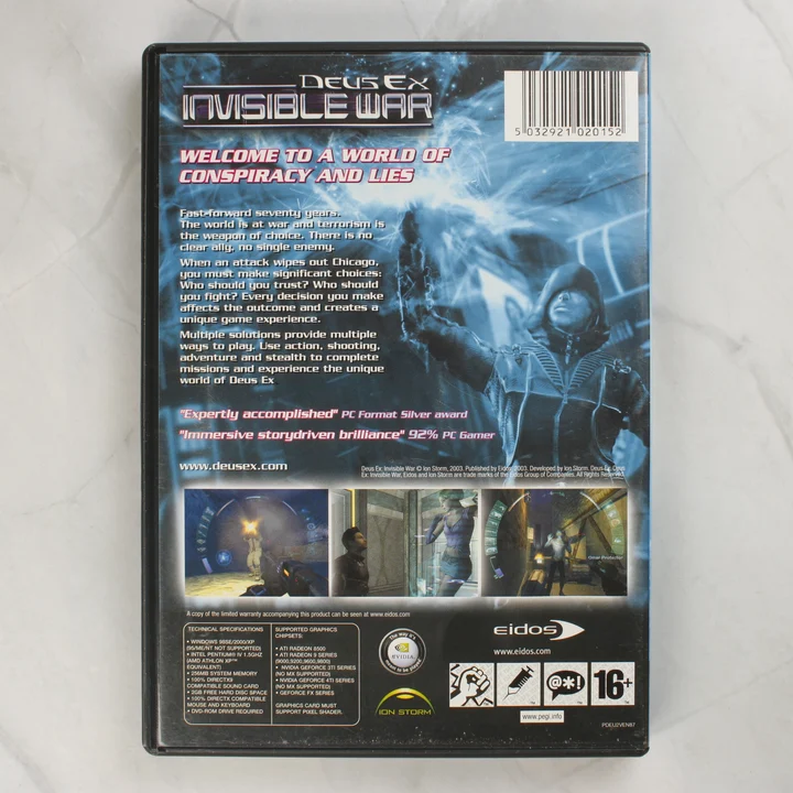 Deus Ex Invisible War PC játék tokjának hátoldala
