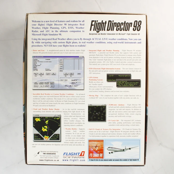 Flight Director 98 szoftver dobozának hátoldala leírással