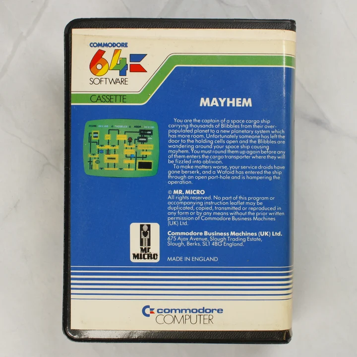 Mayhem C64 hátlap Mayhem Commodore 64 videójáték kazetta tokja hátulról