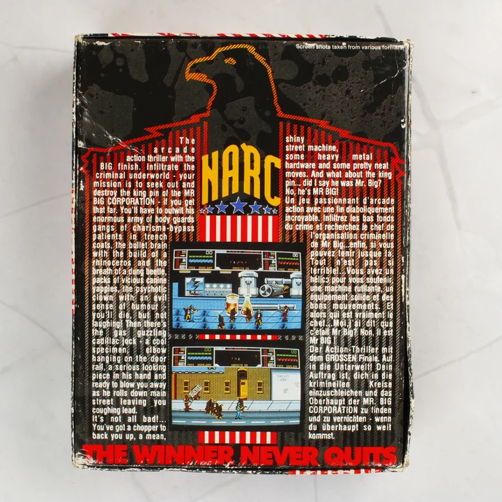 NARC ZX Spectrum doboz hátlap A NARC videójáték dobozának hátoldala