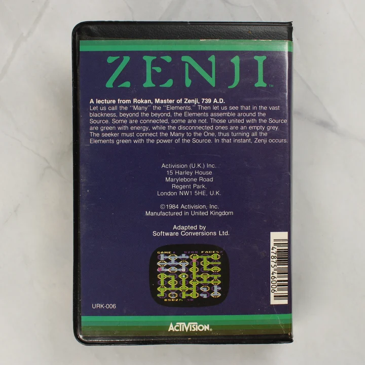 Zenji Sinclair Spectrum hátlap Zenji videójáték tokjának hátoldala leírással és vonalkóddal