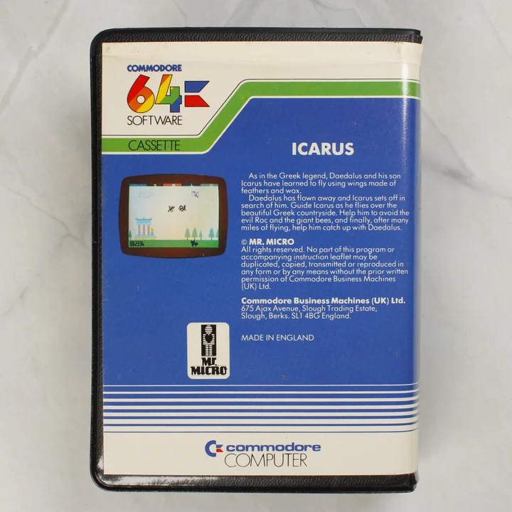 Icarus C64 hátlap Icarus Commodore 64 videójáték tokjának hátoldala leírással