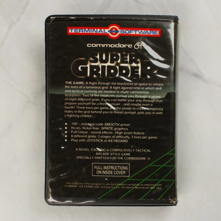 Super Gridder C64 hátlap Super Gridder Commodore 64 játék tokjának hátoldala