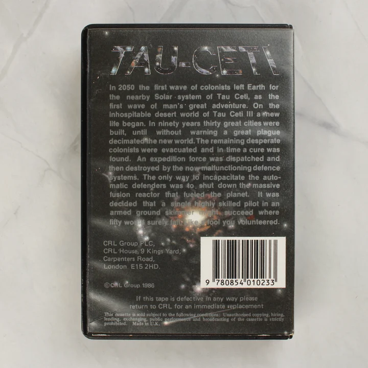 Tau Ceti C64 hátlap Tau Ceti videójáték tokjának hátoldala leírással és vonalkóddal