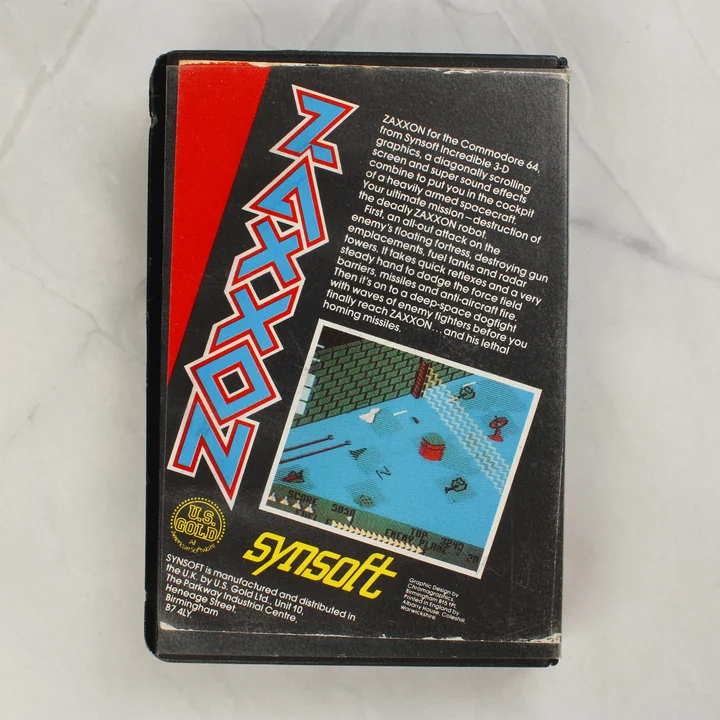 Zaxxon C64 hátoldal Zaxxon Commodore 64 videójáték tokjának hátoldala leírással