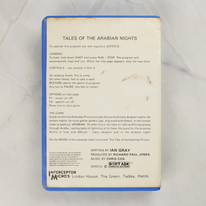 Tales of the Arabian Nights Commodore 64 játék hátlapja