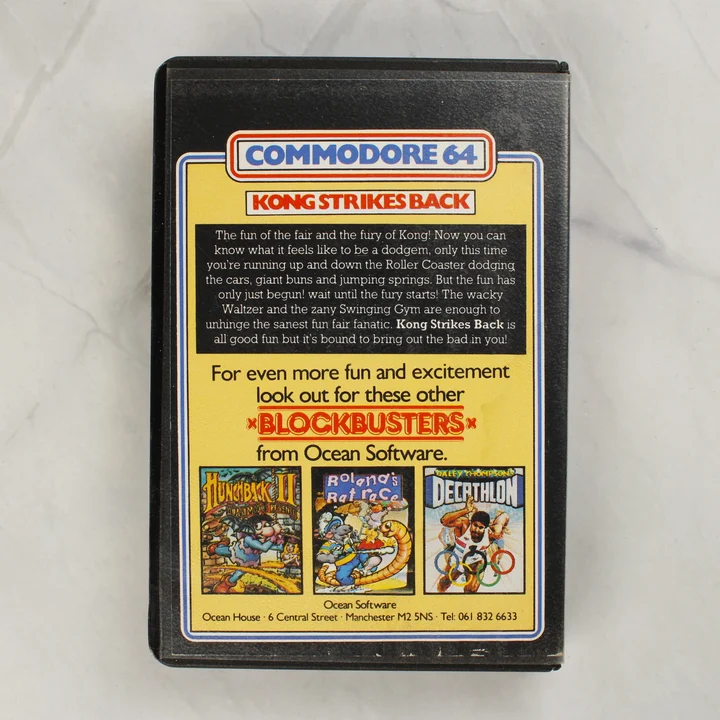 Kong Strikes Back! C64 hátlap Kong Strikes Back! Commodore 64 játék tokjának hátoldala