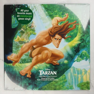 A Tarzan filmzene bakelit lemezének előlapja Tarzan figurájával és zöld matricával.