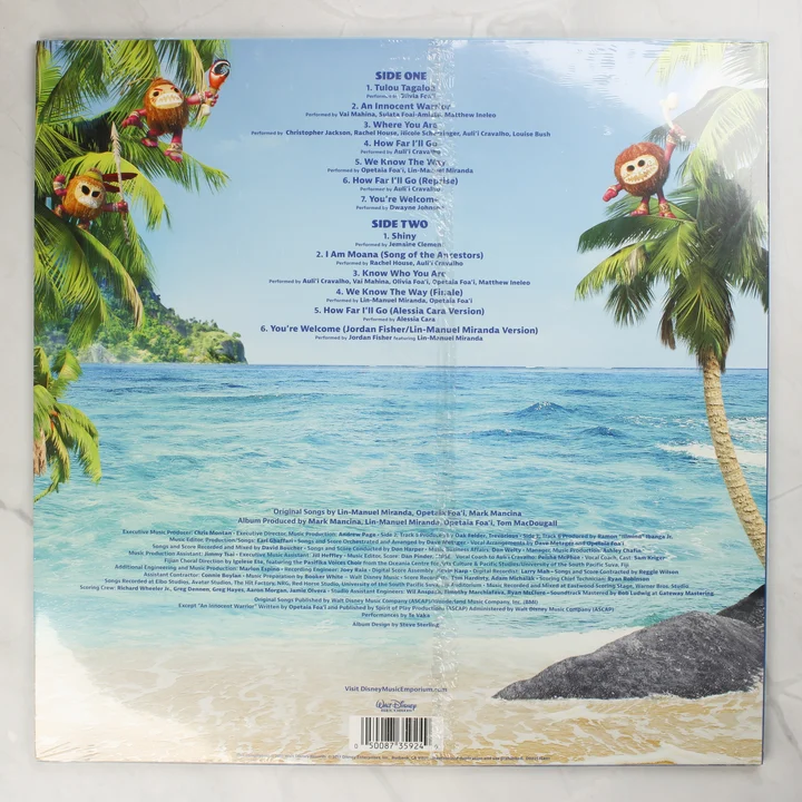 Moana bakelit lemez hátlap Moana: The Songs bakelit lemez hátoldala számlistával