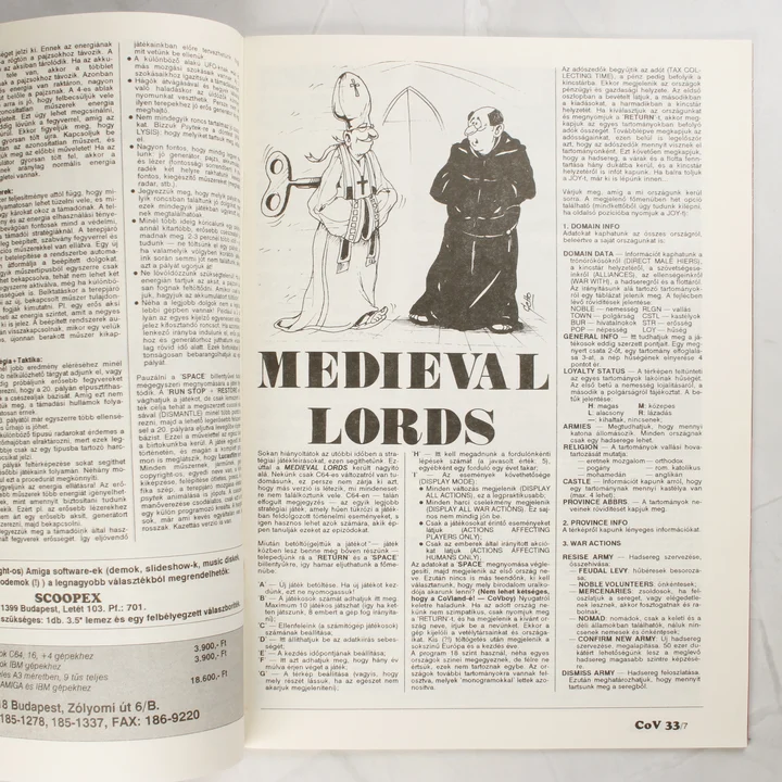 Medieval Lords játékleírás A Commodore Világ magazin belső oldala a Medieval Lords játékleírással
