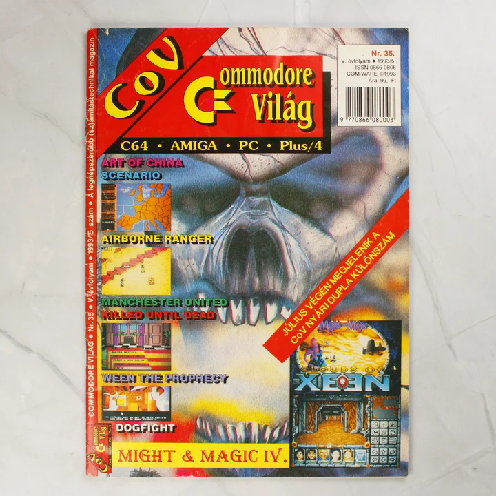 Commodore Világ 35. szám borító A Commodore Világ magazin 35. számának színes borítója egy koponyával.