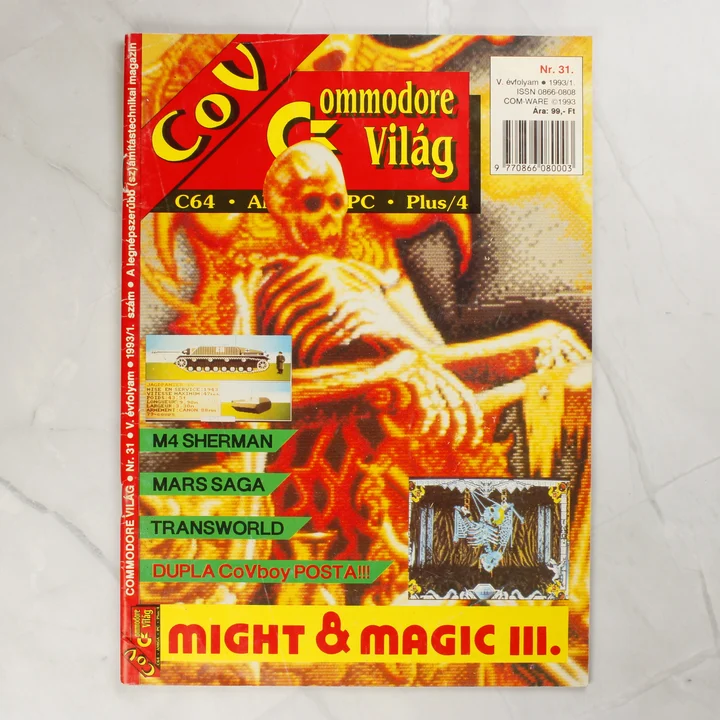 Commodore Világ 31. szám borító A Commodore Világ magazin 31. számának színes borítója egy csontvázas grafikával.