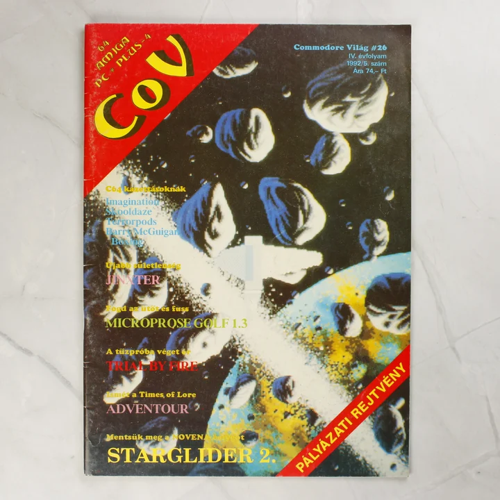 Commodore Világ 26. szám címlap A Commodore Világ magazin 26. számának színes címlapja aszteroidákkal.