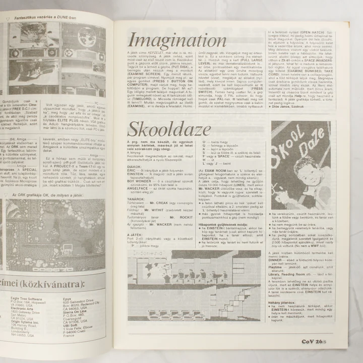 Commodore Világ belső oldalak A magazin belső oldalai játékleírásokkal és fekete-fehér képekkel.