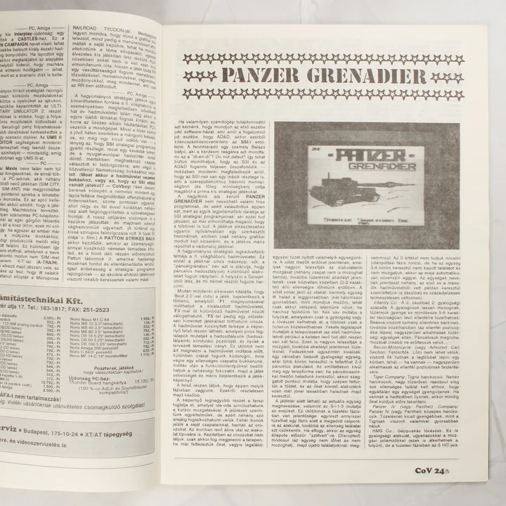 Panzer Grenadier ismertető A magazin belső oldala a Panzer Grenadier játékismertetőjével.